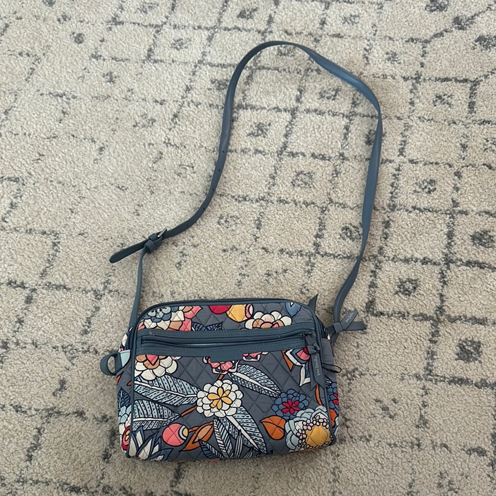 Vera Bradley Blue and Red Crossbody Bag with Floral Print and Adjustable Strap